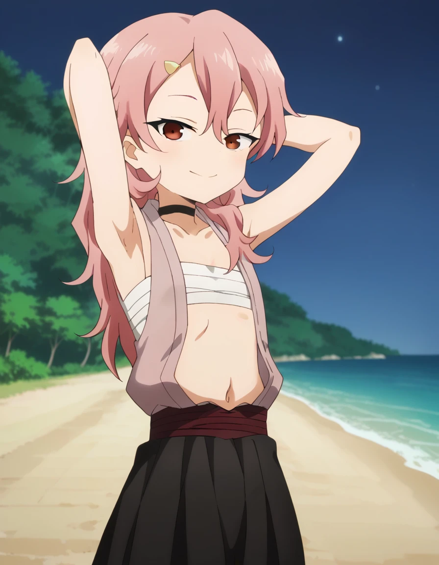 benisumomo, anime coloring ,BREAK source_anime, anime, long hair, hair ornament, red eyes, navel, pink hair, japanese clothes, choker, hairclip, flat chest, black choker, sarashi, chest sarashi, black skirt, high quality, solo, night sky, beach, arms behind head, contrapposto, closed mouth, spread armpits, (cowboy shot:1.5), looking at viewer, smile, best quality, puffing chest, sexy, head down,