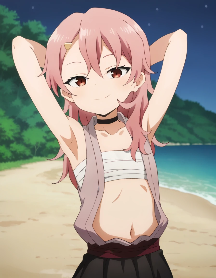 benisumomo, anime coloring ,BREAK source_anime, anime, long hair, hair ornament, red eyes, navel, pink hair, japanese clothes, choker, hairclip, flat chest, black choker, sarashi, chest sarashi, black skirt, high quality, solo, night sky, beach, arms behind head, contrapposto, closed mouth, spread armpits, (cowboy shot:1.5), looking at viewer, smile, best quality, puffing chest, sexy, head down,