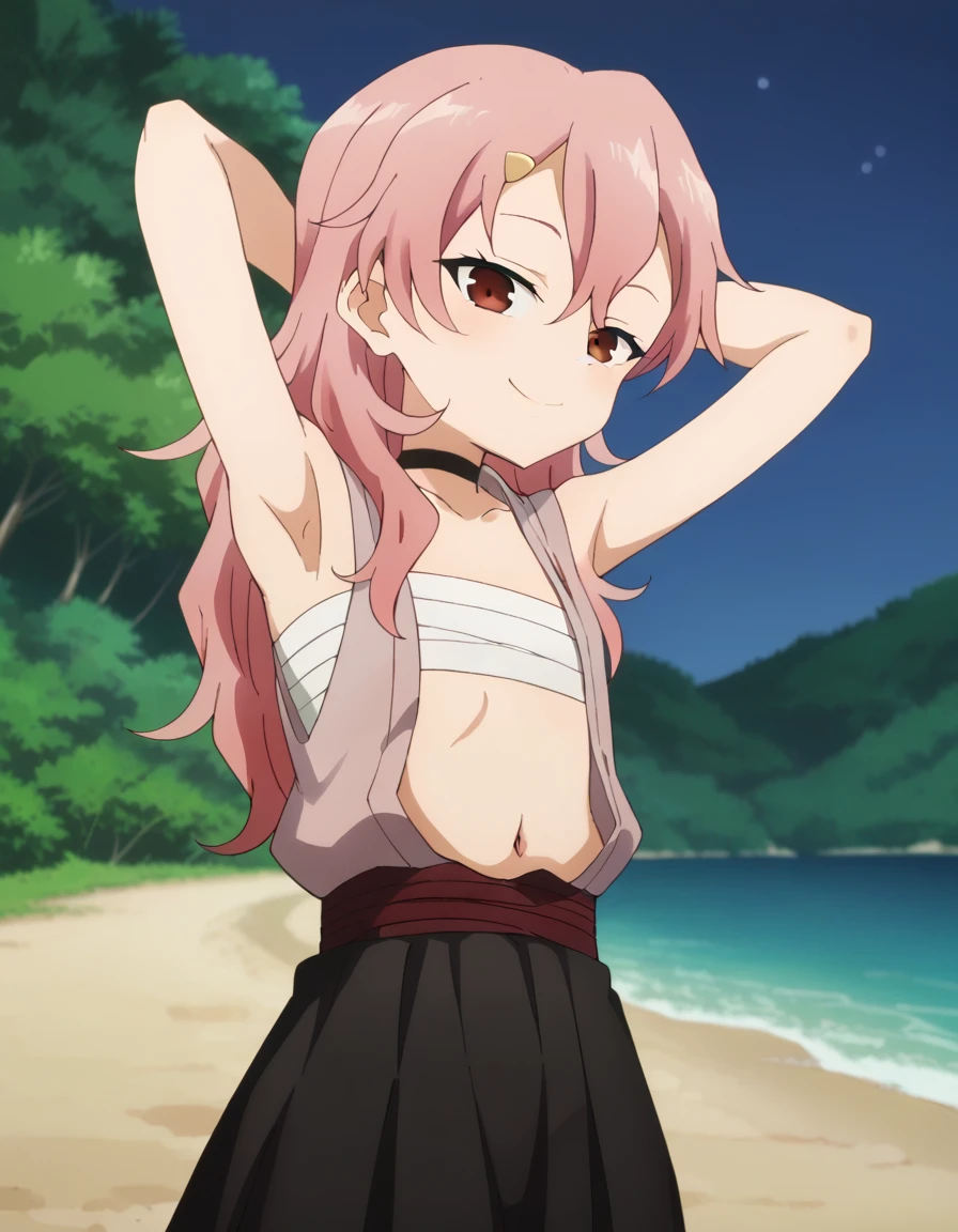 benisumomo, anime coloring ,BREAK source_anime, anime, long hair, hair ornament, red eyes, navel, pink hair, japanese clothes, choker, hairclip, flat chest, black choker, sarashi, chest sarashi, black skirt, high quality, solo, night sky, beach, arms behind head, contrapposto, closed mouth, spread armpits, (cowboy shot:1.5), looking at viewer, smile, best quality, puffing chest, sexy, head down,