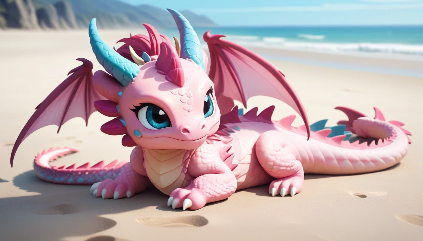 masterpiece,high quality,monster,solo,dragon ,(chibi:1.2),pink body,pink dragon,horns,wings,lying on the ground,injured,unhappy,looking forward,looking sideways,head focus,poor,seaside,beach,blue sky,landscape,(non-human:1.2),lying,frustrated_brow,annoyed,frustrated,on stomach,bright-colored