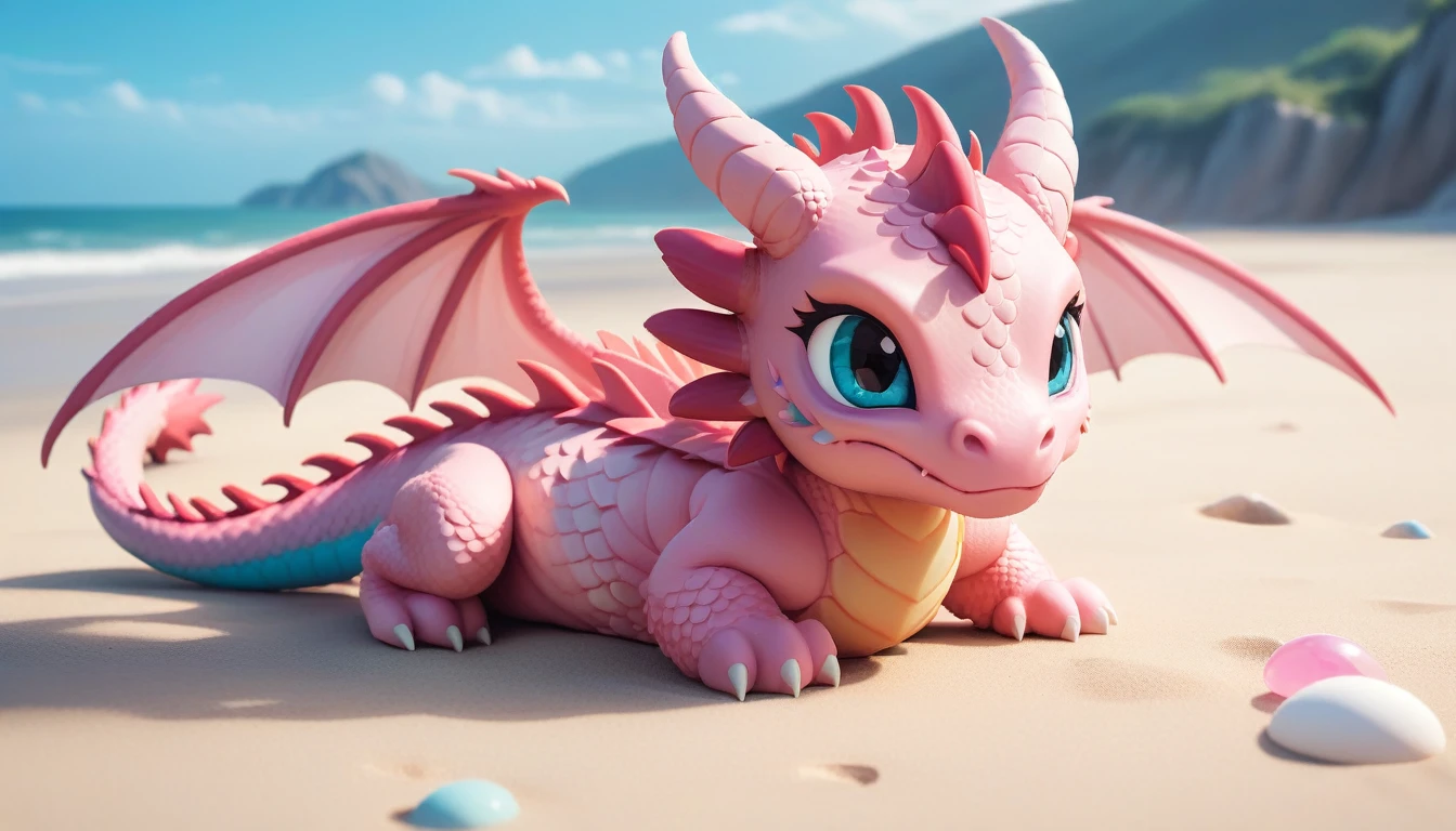 masterpiece,high quality,monster,solo,dragon ,(chibi:1.2),pink body,pink dragon,horns,wings,lying on the ground,injured,unhappy,looking forward,looking sideways,head focus,poor,seaside,beach,blue sky,landscape,(non-human:1.2),lying,frustrated_brow,annoyed,frustrated,on stomach,bright-colored