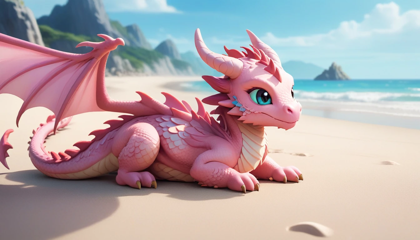 masterpiece,high quality,monster,solo,dragon ,(chibi:1.2),pink body,pink dragon,horns,wings,lying on the ground,injured,unhappy,looking forward,looking sideways,head focus,poor,seaside,beach,blue sky,landscape,(non-human:1.2),lying,frustrated_brow,annoyed,frustrated,on stomach,bright-colored