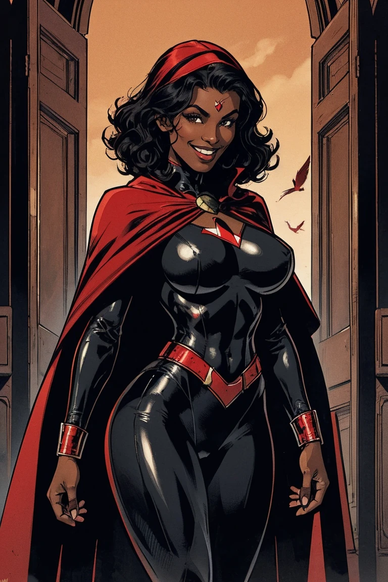 Cardinal, a gorgeous woman with (dark skin) wearing a modest black and red bodysuit, long sleeves, leggings, mask and crest. Athletic, huge breasts, wide hips. Short curly black hair, batons. Smiling. Mini cape. Confident.
