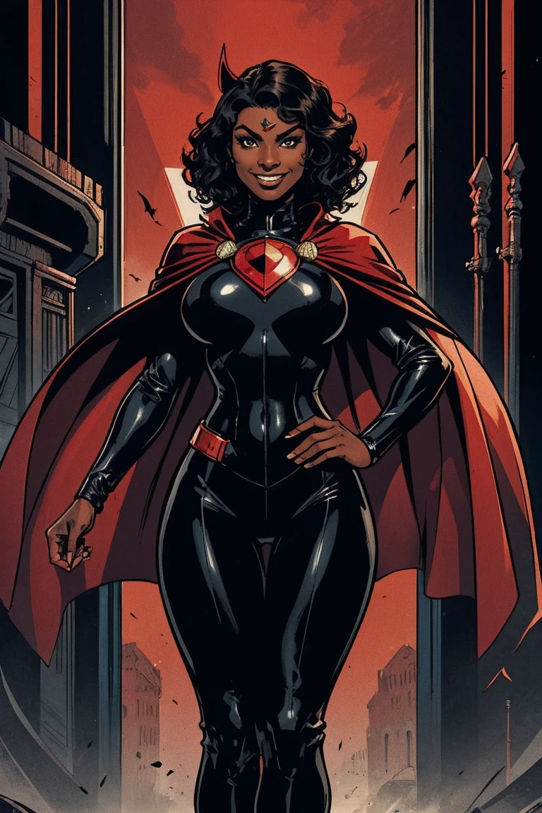 Cardinal, a gorgeous woman with (dark skin) wearing a modest black and red bodysuit, long sleeves, leggings, mask and crest. Athletic, huge breasts, wide hips. Short curly black hair, batons. Smiling. Mini cape. Confident.
