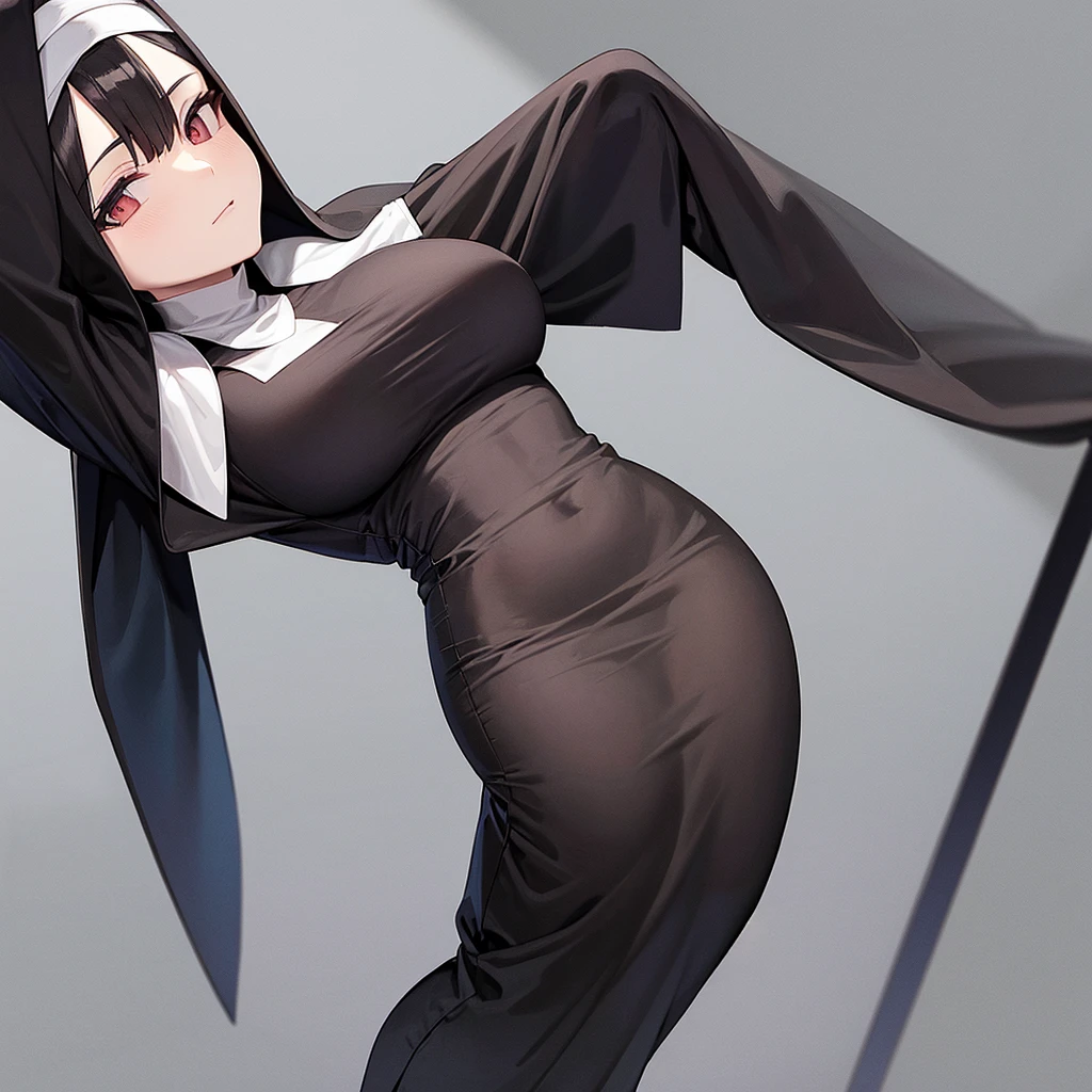 black Nun clothes, huge waist, solo, leaning down on back