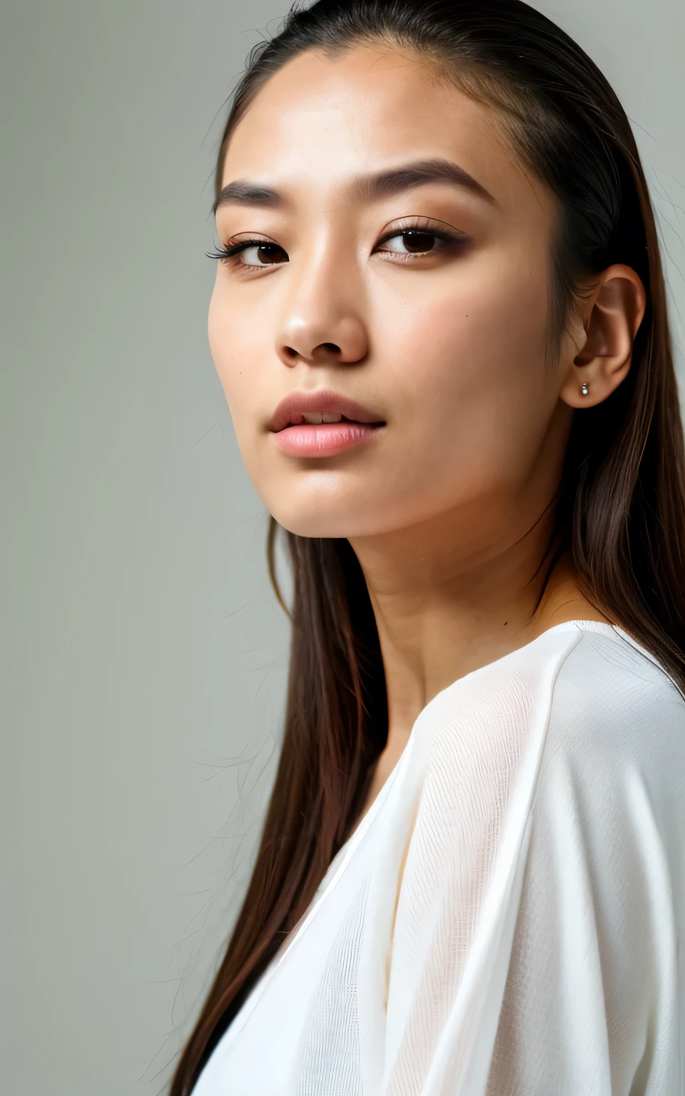 ultra-high-resolution 8K, best quality, (photo realistic:1.4) profile photo, BREAK (fashion model, asian, woman), athlete, 30years old, dark straight hair, slicked back hair, square face, black and small eyes, stern eyes, thick and straight eyebrows, snub nose, plump lips, fair skin with detailed and realistic skin texture, BREAK looking straight ahead, (side view), BREAK (muscular body), single eyelid, closed mouth, natural makeup, wearing white no-sleeve top, exuding the vibe of a fashion model with a neutral, serious expression, BREAK