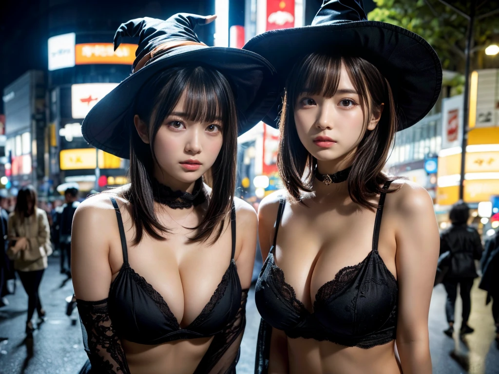 (top-quality,8K,​masterpiece:1.3),(超A high resolution,Photorealsitic:1.4,RAW shooting),(ultra-detailliert,Caustics,perfect anatomia),(hyper detailed background,Ultra-realistic capture,beautifully detailed eyes),(Scramble crossing in Shibuya:1.1),Halloween Decorations,sexy  pose,witch outfit,witch's hat,Two girls with short and medium hair,japanes,20yr old,kawaii,pretty black hair,large boob,Staring at this,Naughty look, natta,Dynamic lighting,taken from the under