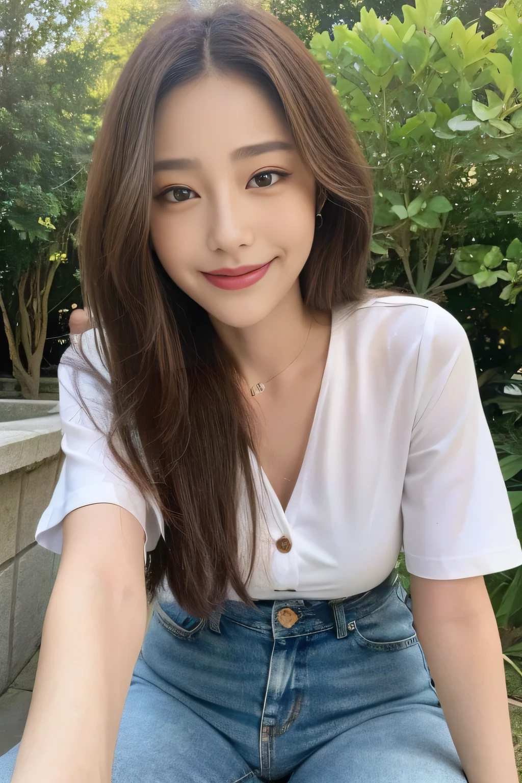 seed:2020674263.((Full body angle:1.1)).((Highest quality, 8K, masterpiece:1.3)), ((from below:1.1)).concentrated:1.2, Perfect body beauty:1.4, Hips:1.2, ((Delicate Hair)), (Colorful button-through crop shirt :1.1) , ((Highest quality、8k、masterpiece:1.3))、1 Girl、A sloppy smile、Esbian all over、Slim face、Big Boobs、Beautiful woman、(Dark Brown Hair)、Long Hair、1、Flickering Valley、Detailed eyes、double eyelid、Blurred Background、超Slim face、Smile、Looking down、stroll、