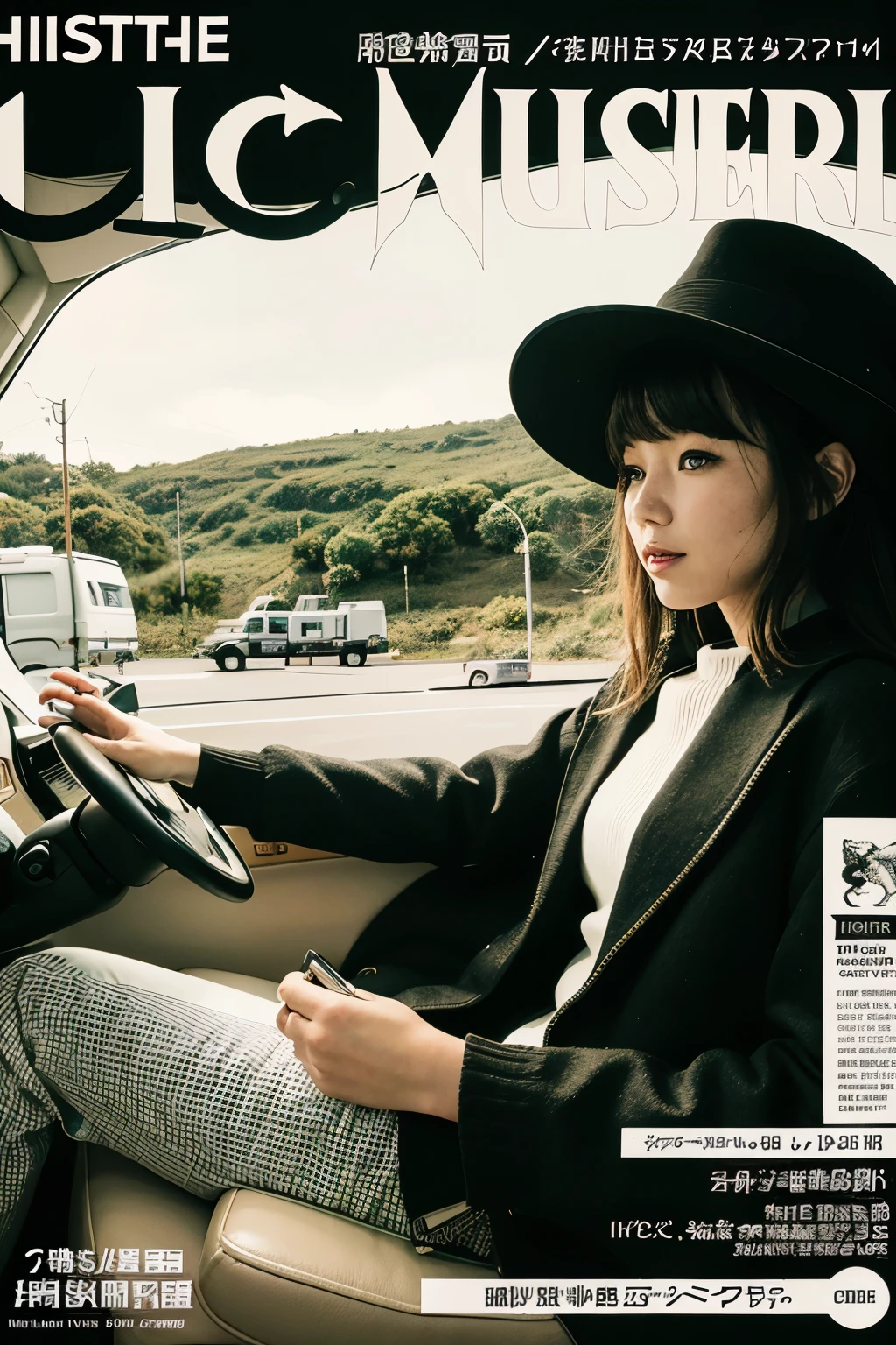 ((Highest quality)), ((masterpiece)), (detailed), Riding in the back of a camper、traveller、Snufkin、Monochrome、Jacket illustration、Comic style、Monoeyes CD jacket style、Black and white comics