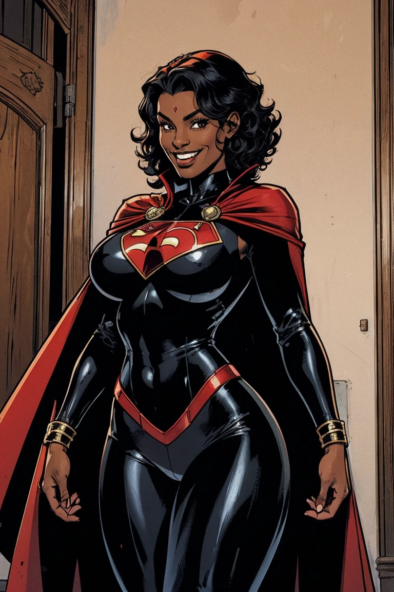 Cardinal, a gorgeous woman with (dark skin) wearing a modest black and red bodysuit, long sleeves, leggings, mask and crest. Athletic, huge breasts, wide hips. Short curly black hair, batons. Smiling. Mini cape. Confident.