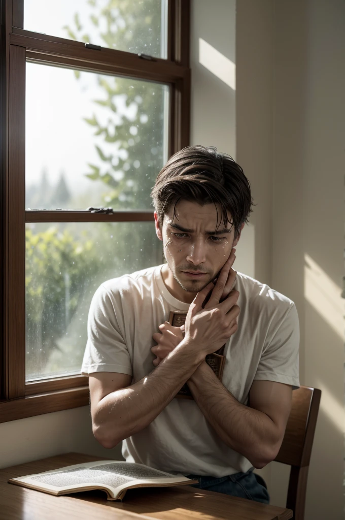"A man is sitting facing a window, holding the Holy Bible with both hands. He has tears running down his face, your eyes express deep emotion and reflection. Soft late afternoon light streams in through the window, partially illuminating his face and the Bible he holds. The environment is simple and welcoming, with a wooden chair and a table nearby. The man's expression conveys a sense of vulnerability and spirituality, as he seeks solace and hope in the sacred words."