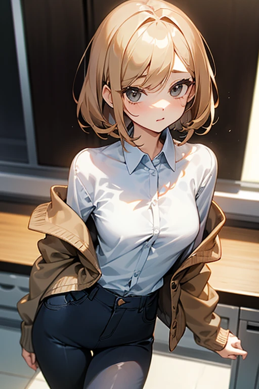 beautiful girl、Office Casual Fashion、ノースリーブのパーカー、チョーカー、ハンドカバー、Tight pants style、slender、Model Body Type、Ideal Style、 Slim and cute、No buttons、Put on a bolero、One off-the-shoulder brown cardigan