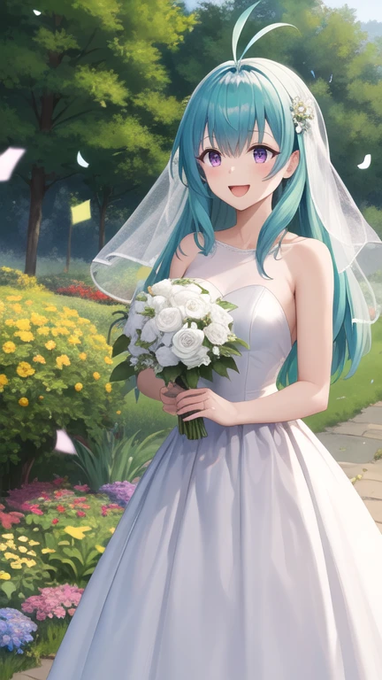 masterpiece, best quality, highres, aarej, solo, long hair, antenna hair, purple eyes, wedding dress, white dress, standing, cowboy shot, holding bouquet, smile, open mouth, confetti, garden,