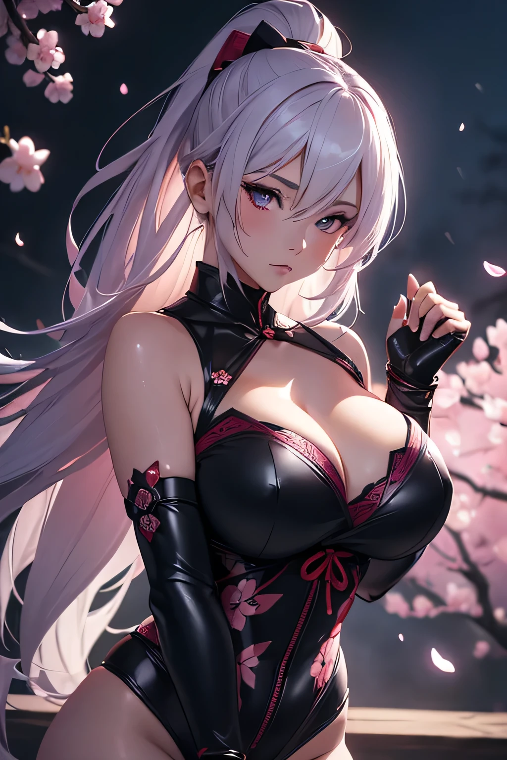 a beautiful young ninja girl in a moonlit night, cherry blossom petals swirling around her, wearing a tight ninja costume that shows her  and , extremely detailed, photorealistic, 8k, ultra-detailed, realistic lighting, dramatic, highly detailed face and eyes, intricate costume textures, cherry blossom petals, dark moody colors, moody dramatic lighting