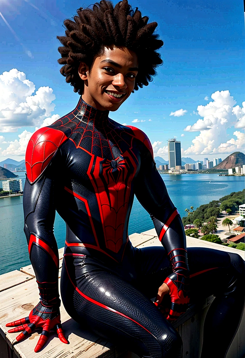 young 25 years old Miles Morales , standing alone, black boy, might, pretentious smile,, gazing at viewer, black afro hair, greeneyes, Miles Morales Spider-Man Costume , pampas scenery Rio Grande do Sul, blue sky, sitting position playing video games