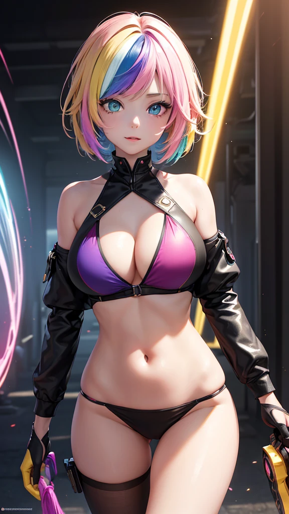 {{masterpiece}}, best quality, extremely detailed CG unity 8k wallpaper, cinematic lighting, lens flare, beautiful detail eyes, black, side glance, multicolor short blonde hair, colorful light, particles, heterochromia, (colorful:1.5), (colorful hair:1.5), Sexy pink colour bikini,