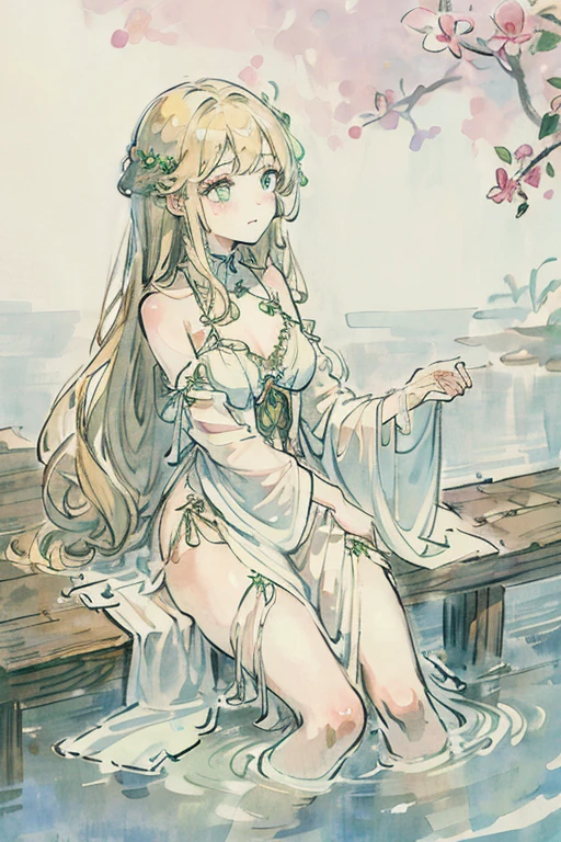 sfw,tabletop, best qualityer, high resolution, 1 girl in, trunk, detaileds , detail of hands, detail fingers, face detail, detail legs, 1 girl in, Leprechaun, water color painting, pale skin, , hair blonde, long hair, wavy hair, greeneyes, tareme, medium breasts, white summer dress, bare back,flower wall panel background,gazing at viewer,[[tears]],ssmile