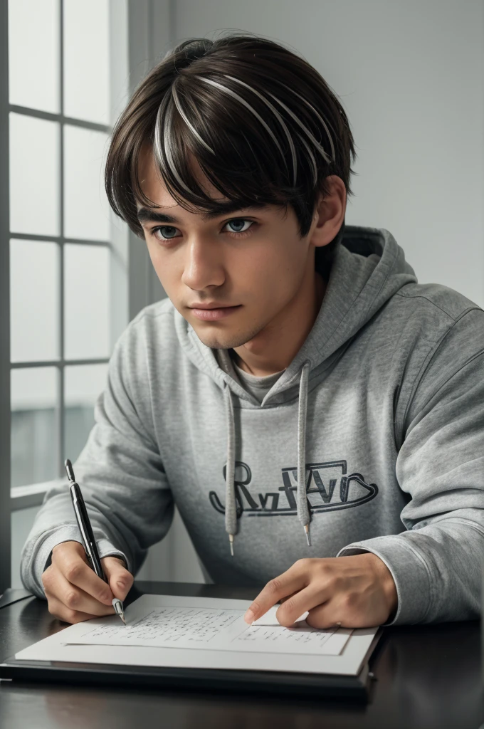 (8K, RAW photos, best quality, masterpiece: 1.4), (((Boy writing with pen on table)))，Ultra-high resolution, Extremely detailed, light, Desk lamp close-up, handsome boy, black eyes, (delicate eyes, Eyes are bright:1.2), Gray short hair, Fair skin,dark, Grey sweatshirt, sweatshirt with hood,(perfect anatomy:1.2), High-quality shadows, Natural Lighting, (White highlights:1.2), night, cloudy day, (at home:1.2), (Practice writing on the table:1.2)