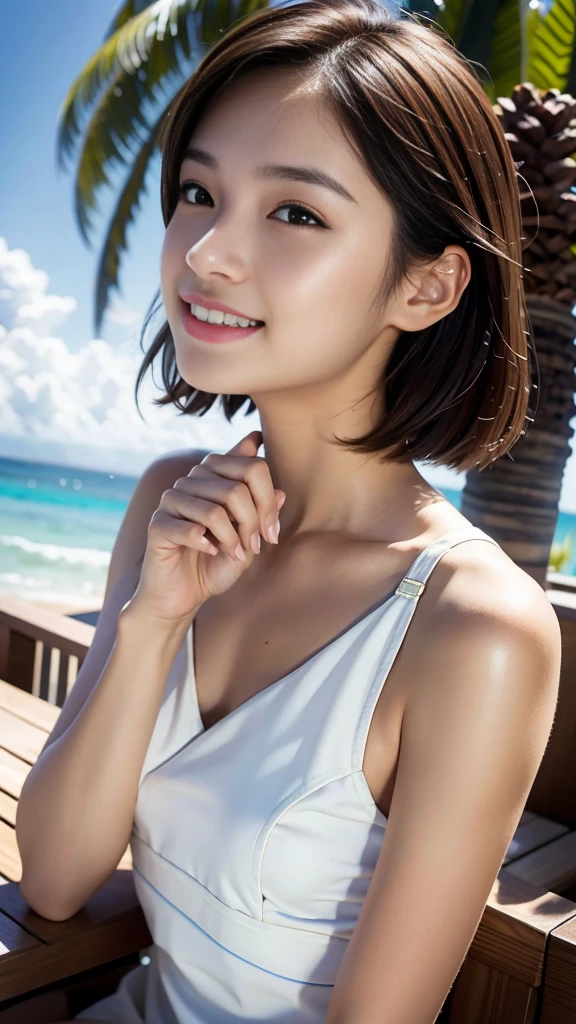 (16yo, young, cute:1.2), (japanese teen 1girl idol:1.2), ultra highres, real skin, hyperrealism, glistening skin, professional photograph, (absurdres:1.2), 8k, (RAW photo:1.2), (extremely detailed clothing), (best hands, nice hands, perfect hands), (masterpiece:0.8), best quality, ultra detailed, absolutely resolution, (perfect anatomy, correct limb:1.2), BREAK (botanical pattern), sundress, (flat chest:1.3), (drooping eyes:0.5), glowing eyes, faint lips, (make up:0.8), (short hair, brown hair), (white skin), (face is shiny:0.9), slim, (smile), rest one's chin in one's hands (day time:1.2), (natural light:1.2), (professional lighting:1.2), (facial profile:1.3), (close-up:1.1), (windy:1.3), (floating hair:1.3), (side view:1) (open terrace, resort hotel), (beach side:1.2),smile