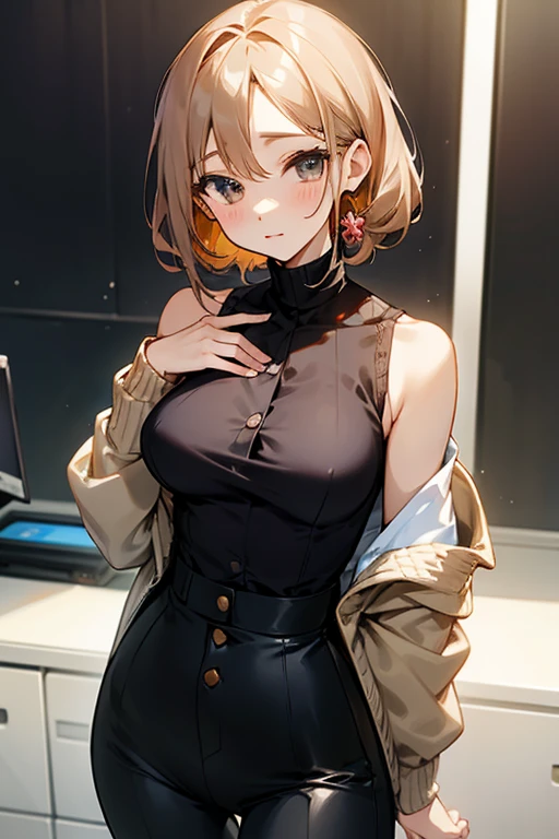 beautiful girl、Office Casual Fashion、black Sleeveless high neck knit、Delicate embroidery、Tight pants style、slender、Model Body Type、Ideal Style、 Slim and cute、No buttons、Put on a bolero、One off-the-shoulder brown cardigan、シャツをに入れない