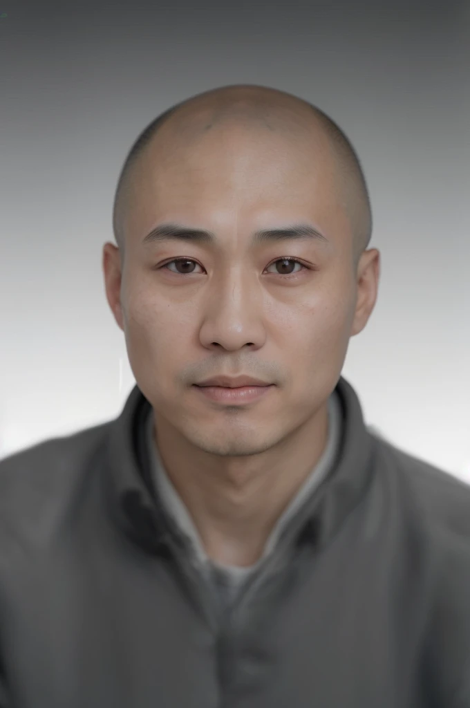 Portrait photo of a 30-year-old Chinese bald man with a thin face, correct facial features, symmetrical facial features, clear symmetrical ears, ultra-clear and realistic facial features, wearing a dark coat, clear texture of clothes, ultra-clear texture, camera shooting effect, natural light and shadow, ultra-clear and realistic, very detailed eyes and face, ultra-detailed, highly clear, (photographic realistic: 1.2) (detailed skin: 1.3) (film lighting: 1.3) (sharp focus), glossy skin, digital SLR, soft lighting, high quality, skin texture, clear hair, clear clothing texture, film grain, close-up, ultra-high resolution, 32K, masterpiece