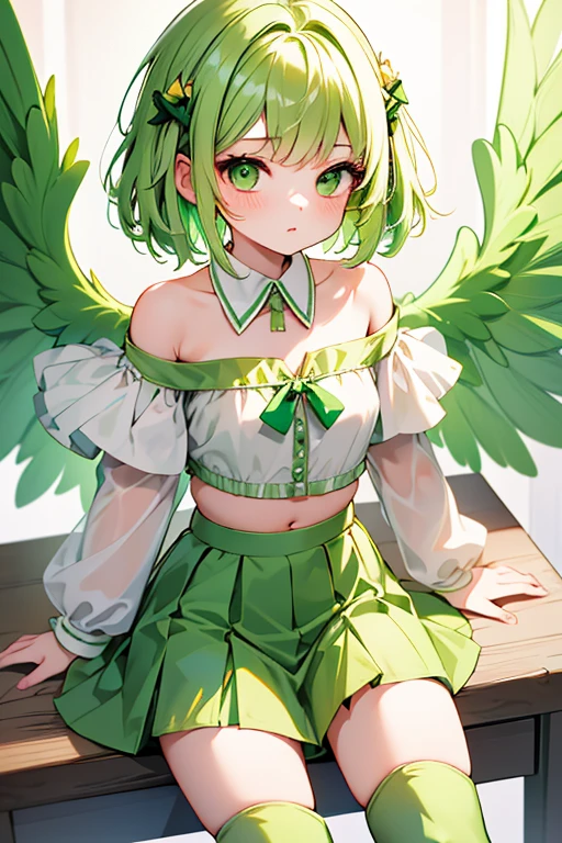 20 year old girl, Angel Girl, Light green wings, chica sexy, green hair, short hair, green eyes, Short skirt, green skirt, Small strapless blouse, Short blouse up to the abdomen, Blouse sin Olanes, Green long sleeves, Blouse that shows the shoulders, Sin collar, Shows the navel, green boots,