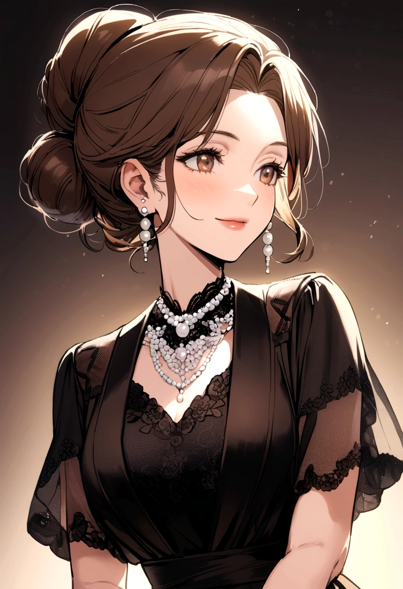 50 year old woman, brown hair, bun, white pearl earrings, black dress, brown short sleeve jacket