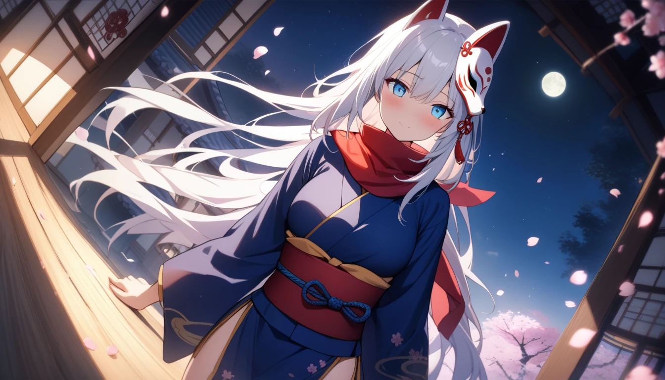 (masterpiece, best quality:1.2), 1girl, 独奏,Wolf girl, fox mask, ninja, girl, long white hair, odd eyes, blue kimono, ninja girl, red and blue scarf,Dancing Cherry Blossoms,Full moon backlighting, light coming in, fantastic atmosphere.night、Shadows of light and darkness、Eyes glowing in the dark、Black fox mask、Fisheye Lens、Expansive starry sky、long hair that spreads