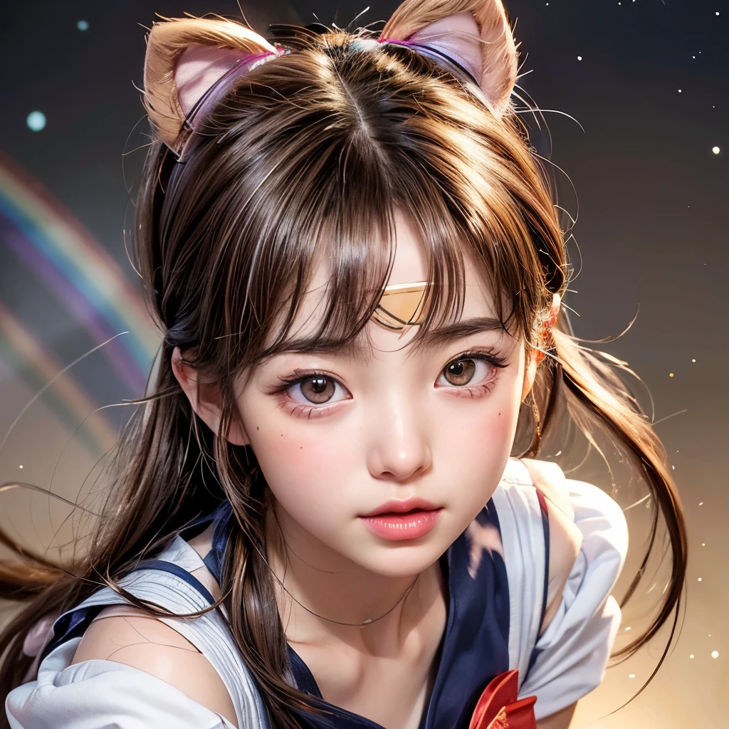 NSFW, 8k, High-level, absurd, masterpiece, best quality, primitive, very detailed CG, very detailed wallpaper, perfect lighting, Extremely detailed (((The personifying " Sailor chibi Moon " as a Little Girl))), MysticSight, Tyndall effect, Tyndall scattering, Studio gray background with (many Dazzling RainbowColor particles BokeH:1.28), (RoundlyButts, ThighGap), (Exposed:0.4), (Assfocus with looking ahead), BREAK (NOGIZAKA face variations) Extremely Detailed very KAWAII face variations, perfect anatomy, Childish, captivating gaze, elaborate detailed Eyes with (sparkling highlights:1.28), long eyelashes、Glossy RED Lips with beautiful details, Coquettish tongue, Rosy cheeks, Radiant PearlSkin with clear transparency . { (Dynamic LifeLike expressions:1.4) | :d) }, (large eyes:-1) .