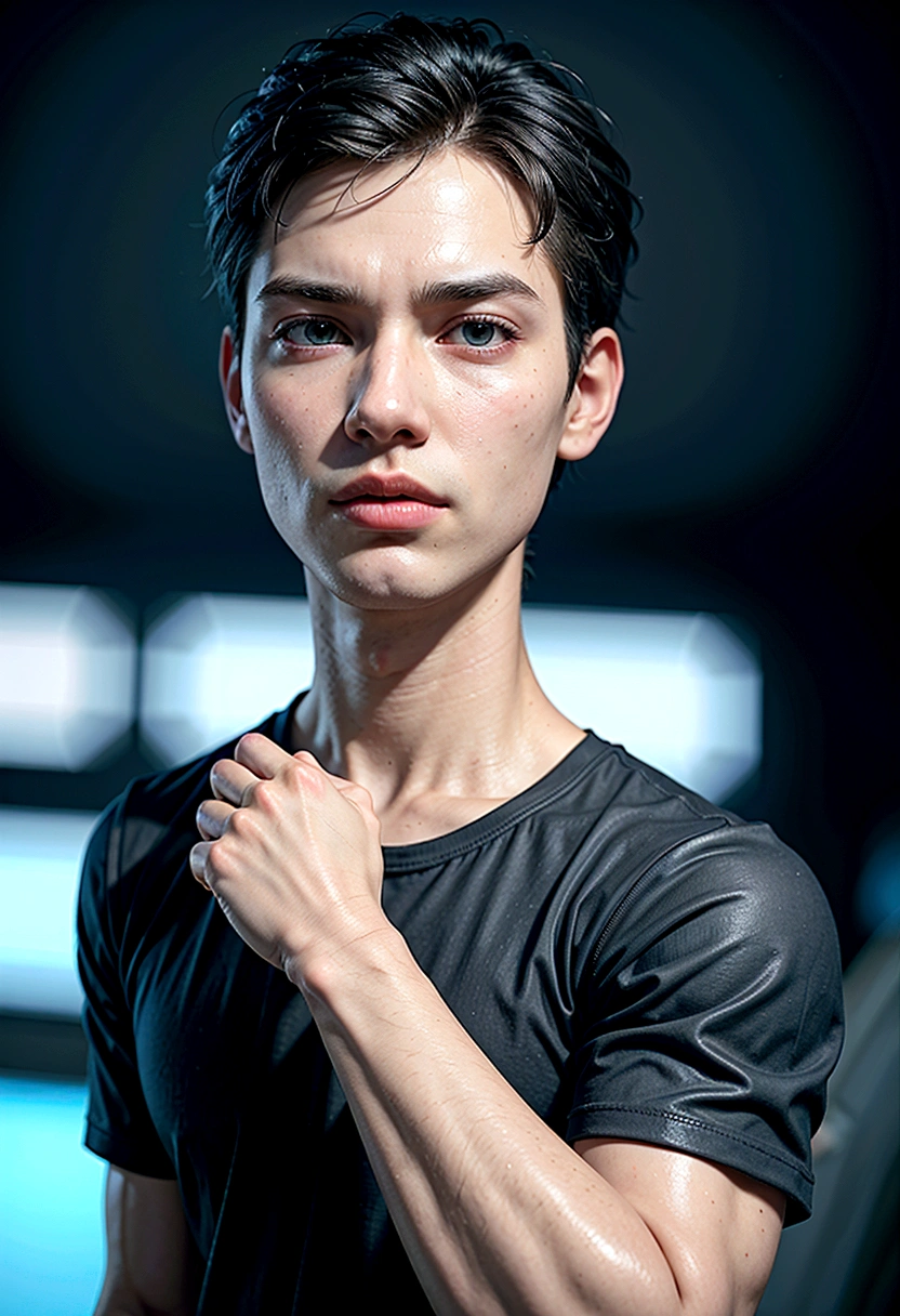 Cartoon character of a man in a black t-shirt, a little muscular and with arms crossed. an animated character, stylized character, animation style rendering, 3d stylized, Arnold Maya rendering, Stylized 3D rendering, toon render screenshot, 3d character, 3d character, Stylized 3D rendering, 3D character rendering, cartoon character, Personagem de close up, character posing, (Pixar-style) (master part:1.2) (bokeh) (best qualityer) (skin detailed) (detailed texture) (8K) (Argilla) (cinematic lighting) (sharp focus,Sit down and lift your upper body