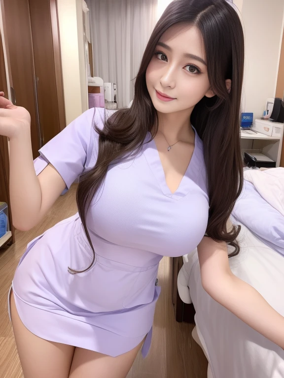 high quality、Realistic、High resolution、8k wallpaper、Full body photo、Alluring、girl、Beauty、Beauty、nurse、nurse、ピンク色のnurse服、Glamour、Voluptuous、Q Cup Breasts、Big Breasts、Big Butt、Long Hair、Hospital room