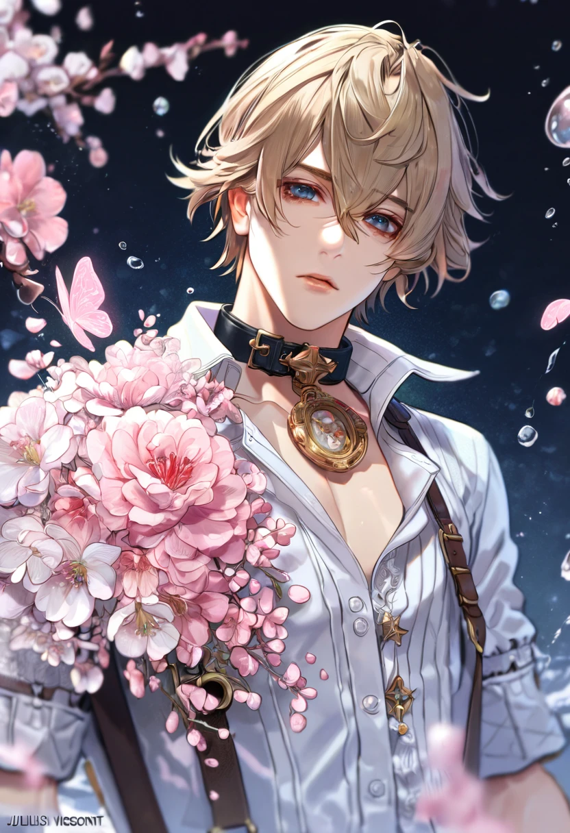 absurdres, highres, ultra detailed, HDR, master piece, best quality, extremely detailed face, delicated features, Julius Visconti, ash-blonde messy hair, hair that has bangs hanging on the left side, hair between the eyes, God Eater 2, solo, sexy man, handsome, a black collar with gold buckle around his neck, the outfit is overall black, with gold accents, white shirt, water, blossoms, pink flowers, pink butterflies, fantasy, magic, radiant