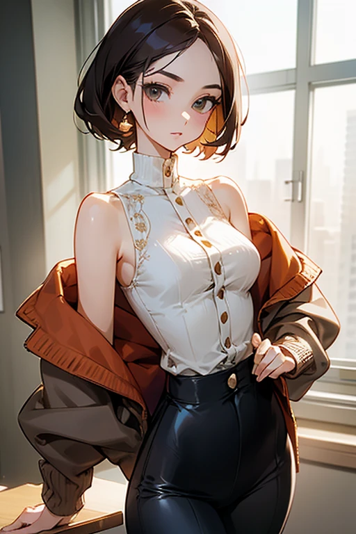 beautiful girl、Office Casual Fashion、black Sleeveless high neck knit、Delicate embroidery、Tight pants style、slender、Model Body Type、Ideal Style、 Slim and cute、No buttons、Put on a bolero、One off-the-shoulder brown cardigan