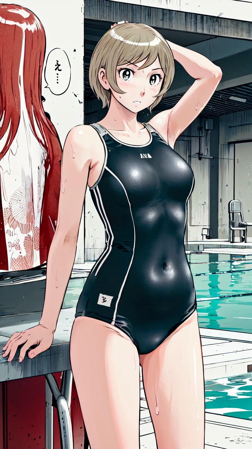 Blonde, (short hair:1.2)、((Illustration of a person))、Big Breasts、
View your viewers,, (Highest quality:1.3),blue eye star piece、Highest quality)、Highest quality, Ultra-high resolution, (((masterpiece))), alone, Sweat、Big eyes、Big Breasts、One Girl, Front view、Embarrassed face、Bronze colored hair、((short hair))、One Girl, alone, blush, Big Breasts,
Bare arms, Wet, Pool, 青いSchool Swimsuit, Thighs, Place your arms at your sides, Bare arms, Cowboy Shot, Are standing, School Swimsuit,bite、High Leg、mansuji