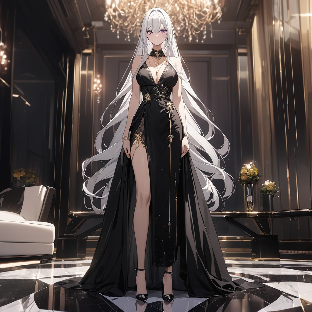 A woman wearing a luxurious black dress,  shoulders, large breasts, golden flowers in her hair, white hair, long hair, purple eyes, smiling, golden necklace around her neck, black heels, in a luxury room, close view, marble floor, windows luxury glass. UHD , prime work , accurate , anatomically correct , textured skin , super details , high quality , best quality, 8k, high resolution, bokeh effect. (woman alone)
