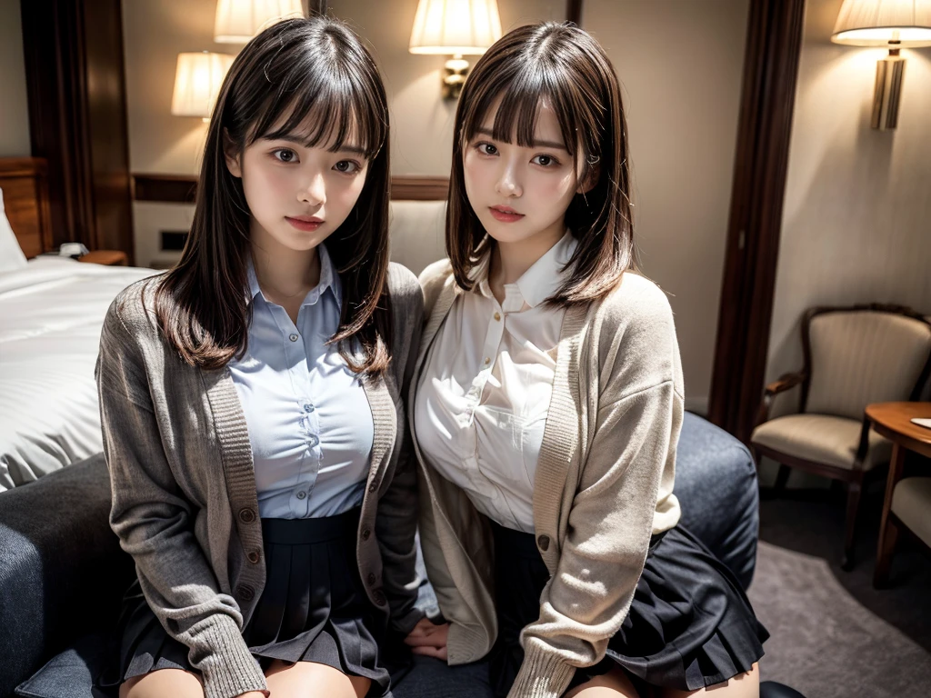 (RAW photo, 4k, masterpiece, high resolution, extremely complex) (realistic: 1.4),
((2 girls)),,blushing,((innocent)),bright eyes,round eyes,blunt bangs,(straight hair:1.3),black hair,medium breasts,wide hips,, 15 year old girl、cute type、ta, (Best Quality), (Highres), (an Extremely Delicate and Beautiful),(Beautiful 8k face),(Brown eyes),short bob hair,( spectators),(medium breasts),(Play with each other,Touching each other's bodies,Touching the body), (detailed cloth texture, long sleeves light brown cardigan:1.2, white collared shirt, light grey pleated skirt), white thigh-high, dark red tie, (reality),bright lighting,(The background is a luxury hotel room)