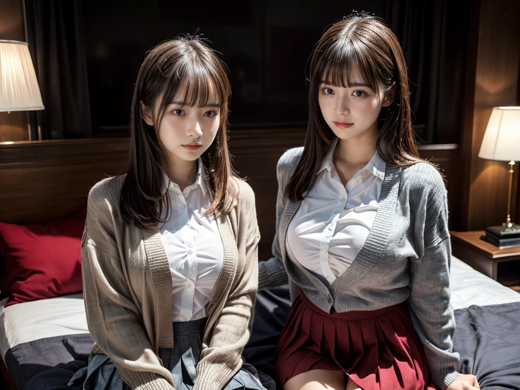 (RAW photo, 4k, masterpiece, high resolution, extremely complex) (realistic: 1.4),
((2 girls)),,blushing,((innocent)),bright eyes,round eyes,blunt bangs,(straight hair:1.3),black hair,medium breasts,wide hips,, old girl、cute type、lolita,st Quality), (Highres), (an Extremely Delicate and Beautiful),(Beautiful 8k face),(Brown eyes),short bob hair,( spectators),(medium breasts),(Play with each other,Touching each other's bodies,Touching the body), (detailed cloth texture, long sleeves light brown cardigan:1.2, white collared shirt, light grey pleated skirt), white thigh-high, dark red tie, (reality),bright lighting,(The background is a luxury hotel room)