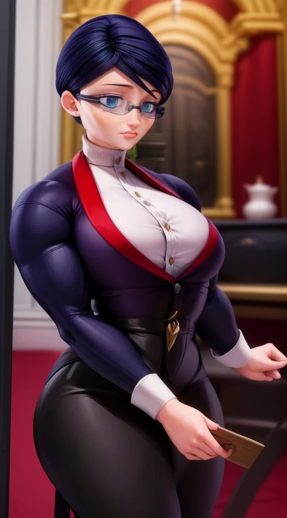 (masterpiece, best quality:1.2), 1girl, solo,Create a detailed illustration of Natalie Sancoeur from 'Miraculous Ladybug.' She is depicted in her usual professional attire, with a stern and composed expression. The background should be set in the Agreste mansion, showcasing elements like elegant furniture and a grand staircase, reflecting the opulent setting. Emphasize her poised and meticulous nature, highlighting her distinctive glasses and neatly tied hair. The overall mood should be serious and sophisticated, capturing her role as a competent and loyal assistant.a very muscular female bodybuilder, extremely detailed, athletic body, red inner bra and panties, dynamic pose, artistic lighting, dramatic shadows, cinematic composition, photorealistic, high contrast, vivid colors, 8k, hyper detailed