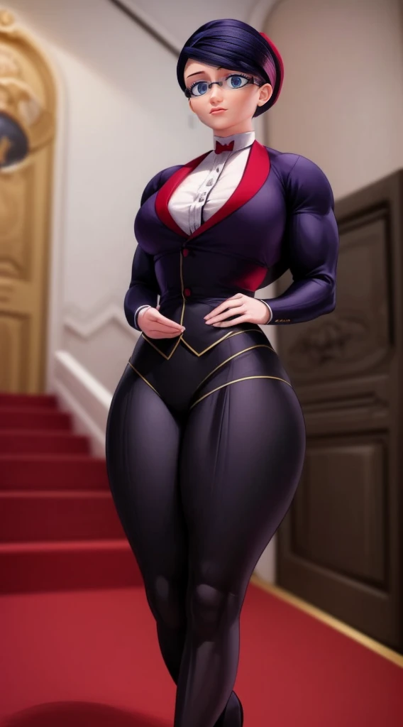 (masterpiece, best quality:1.2), 1girl, solo,Create a detailed illustration of Natalie Sancoeur from 'Miraculous Ladybug.' She is depicted in her usual professional attire, with a stern and composed expression. The background should be set in the Agreste mansion, showcasing elements like elegant furniture and a grand staircase, reflecting the opulent setting. Emphasize her poised and meticulous nature, highlighting her distinctive glasses and neatly tied hair. The overall mood should be serious and sophisticated, capturing her role as a competent and loyal assistant.a very muscular female bodybuilder, extremely detailed, athletic body, red inner  and , dynamic pose, artistic lighting, dramatic shadows, cinematic composition, photorealistic, high contrast, vivid colors, 8k, hyper detailed