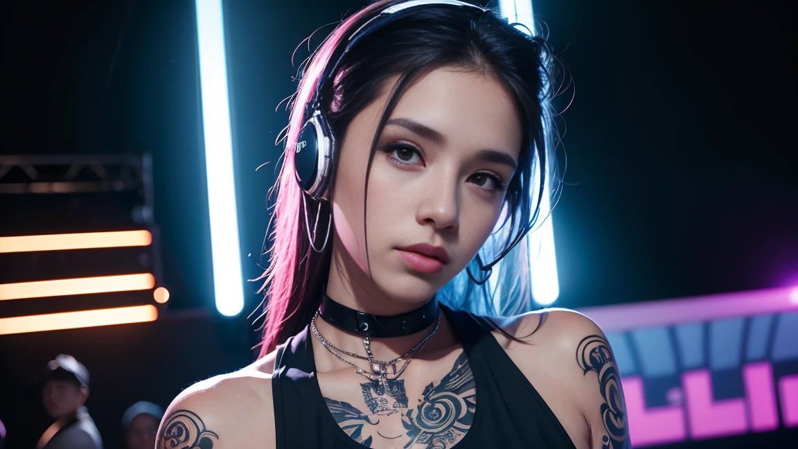 techno music, house music, dancing girls, DJ girl, Hang the headphones from her neck, realistic, high res, tank top, tattoos, piercing, brads, live music, class, Nightclub DJ, Dancing Inspired, Looking at Camera, Wide shooting, cinema lens, skin glowing,