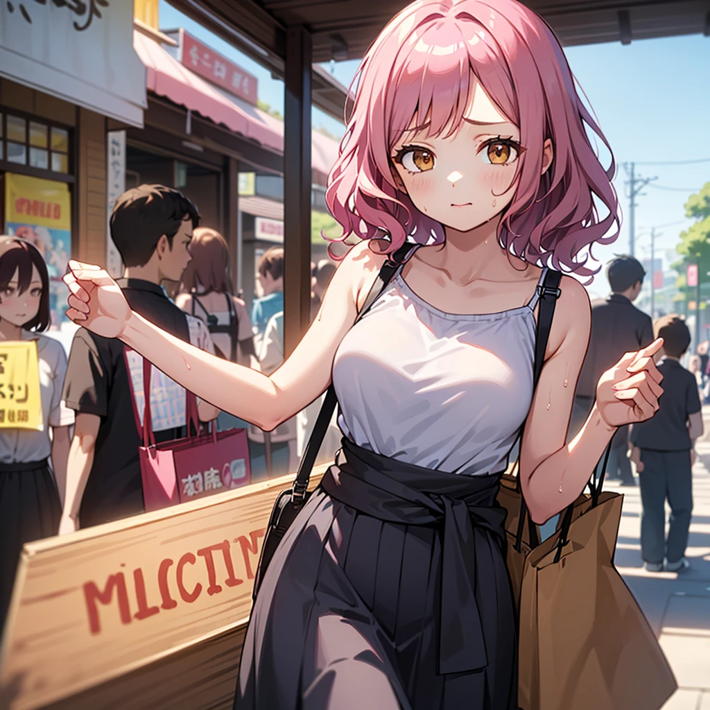 NSFW,best quality, ultra-detailed, walking , (1 woman:1.4), (solo:1.4), (Liz 32 years old with wavy pink medium hair and medium-large breasts and light brown eyes, :1.3), (makeup:0.8),medium wavy pink hair, looking looking at viewer, medium-large breasts, shoulder strap,shopping street, summer, (sweat.1.2), cicada, violet camisole and grey long skirt, walking, waist pouch, (white shirt tied around waist:1.1),at Japan, cicada, grey long skirt, breastgrabpaizuri