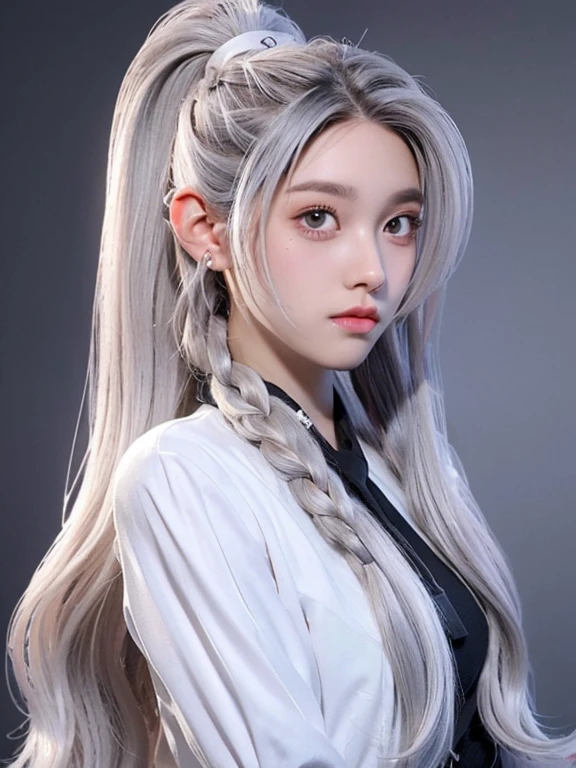 Millicent is a 21 year old young woman.., Tall and fit physique. He has light skin and gray eyes with small pupils... Long wavy white hair braided in a high ponytail with many small braids.. It has long and pointed ears. Described as an incredibly beautiful girl.. Prefers to wear black clothes., gray and white colors