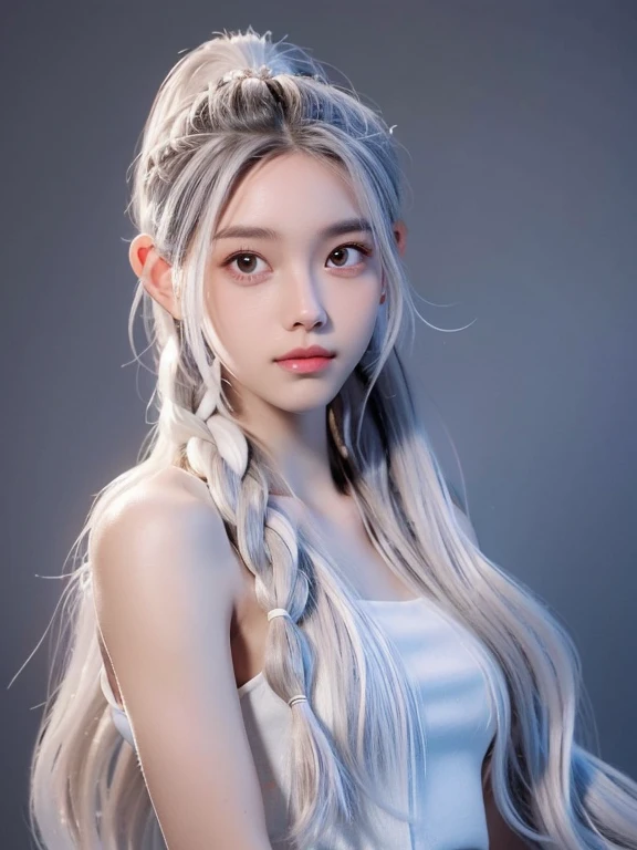 Millicent is a 21 year old young woman.., Tall and fit physique. He has light skin and gray eyes with small pupils... Long wavy white hair braided in a high ponytail with many small braids.. It has long and pointed ears. Described as an incredibly beautiful girl.. Prefers to wear black clothes., gray and white colors