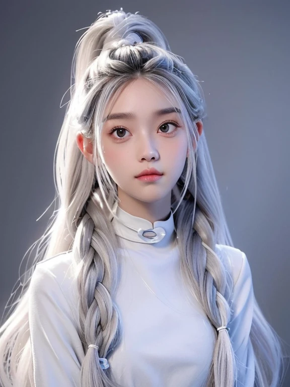 Millicent is a 21 year old young woman.., Tall and fit physique. He has light skin and gray eyes with small pupils... Long wavy white hair braided in a high ponytail with many small braids.. It has long and pointed ears. Described as an incredibly beautiful girl.. Prefers to wear black clothes., gray and white colors