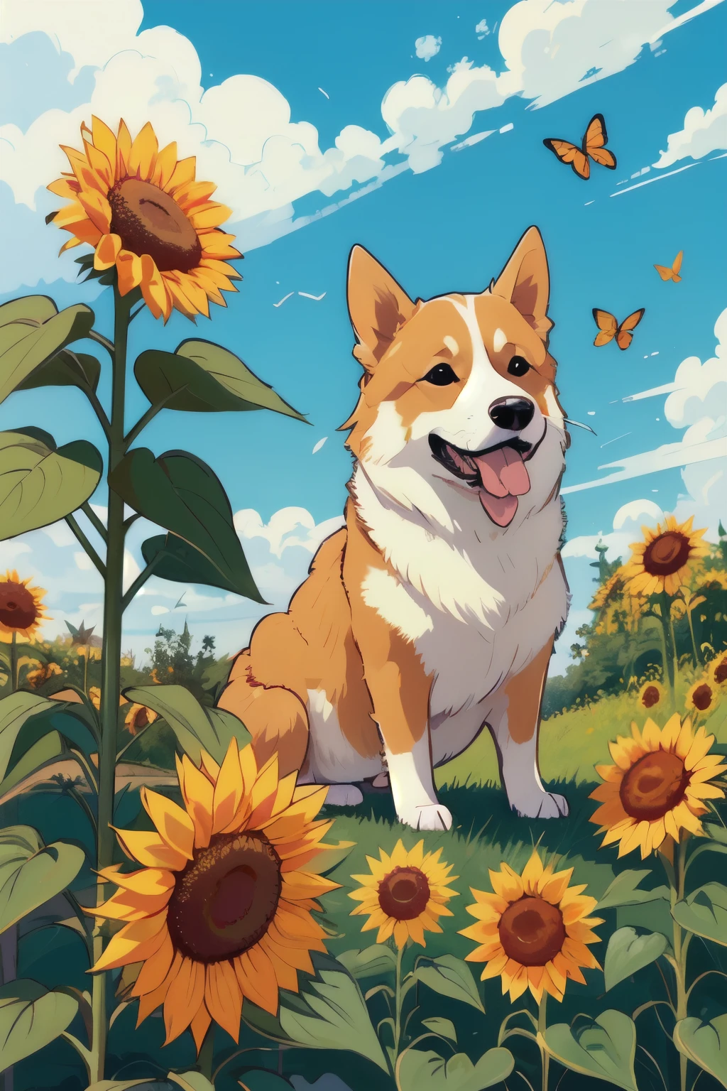 masterpiece, high quality, one cute Corgis dog, Play in the garden, Sunflowers and butterflies,  