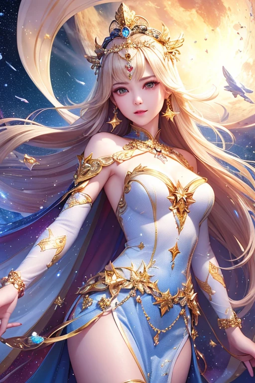 (masterpiece、Highest quality、High resolution、8K、16K)、((Alone in space、Beautiful Goddess、Standing posture、フローティング in the sky like a star))、((whole body))、Golden Cape、White long dress、No sleeve、Adorned with vibrant jewels、Gold Bracelet、Blonde middle、Beautiful brown eyes、A kind smile、Mouth closed、Elegant and detailed face、Graceful operation、Place one hand under your chest、Professional Lighting、The universe is full of light、Countless stars and nebulae、