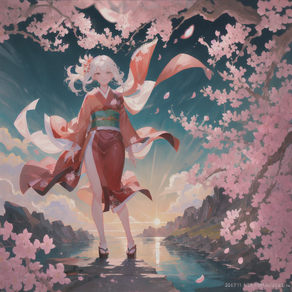 Exquisite and beautiful CG artwork),(best quality, Extremely detailed, high resolution),1 girl,Medium shot,(Smile, kimono, Cherry blossoms,landscape, Sunlight, windy)