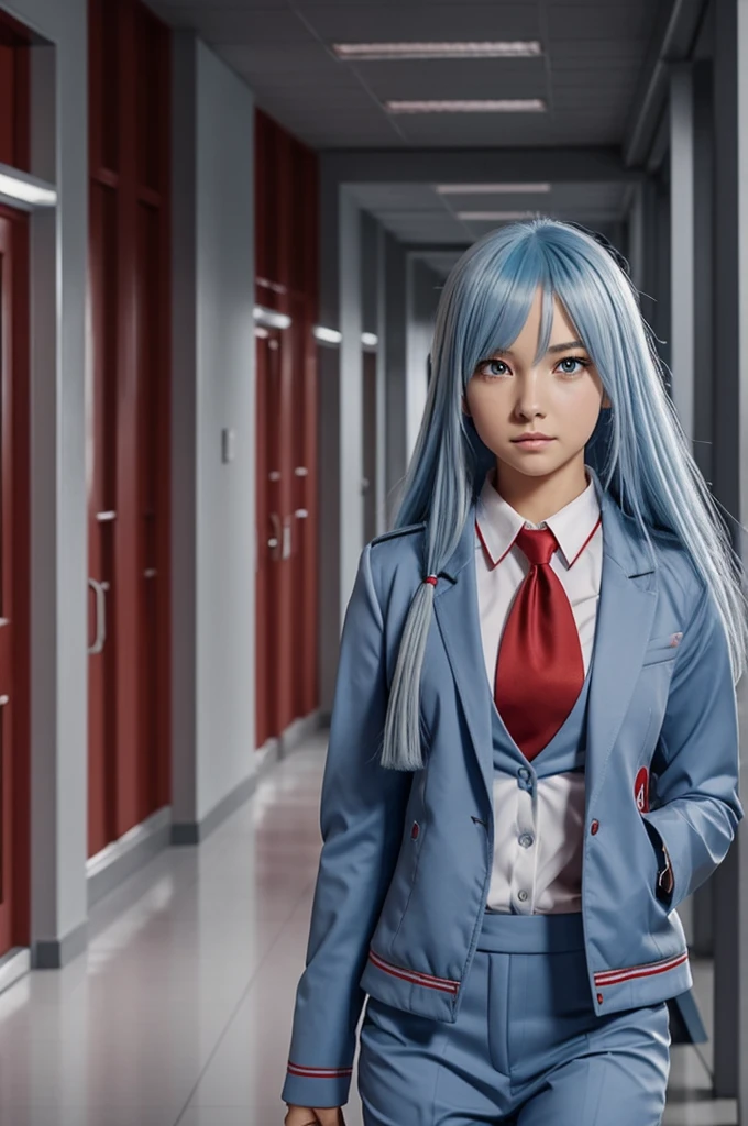 Screenshot my hero academy ,Pretty Woman, long light blue hair down to the back ,slanted eyes, ruby red eyes,normal expression ,uniform gray jacket and red tie, walking down the school hallway background,looking straight at the camera,My Hero Academy anime style