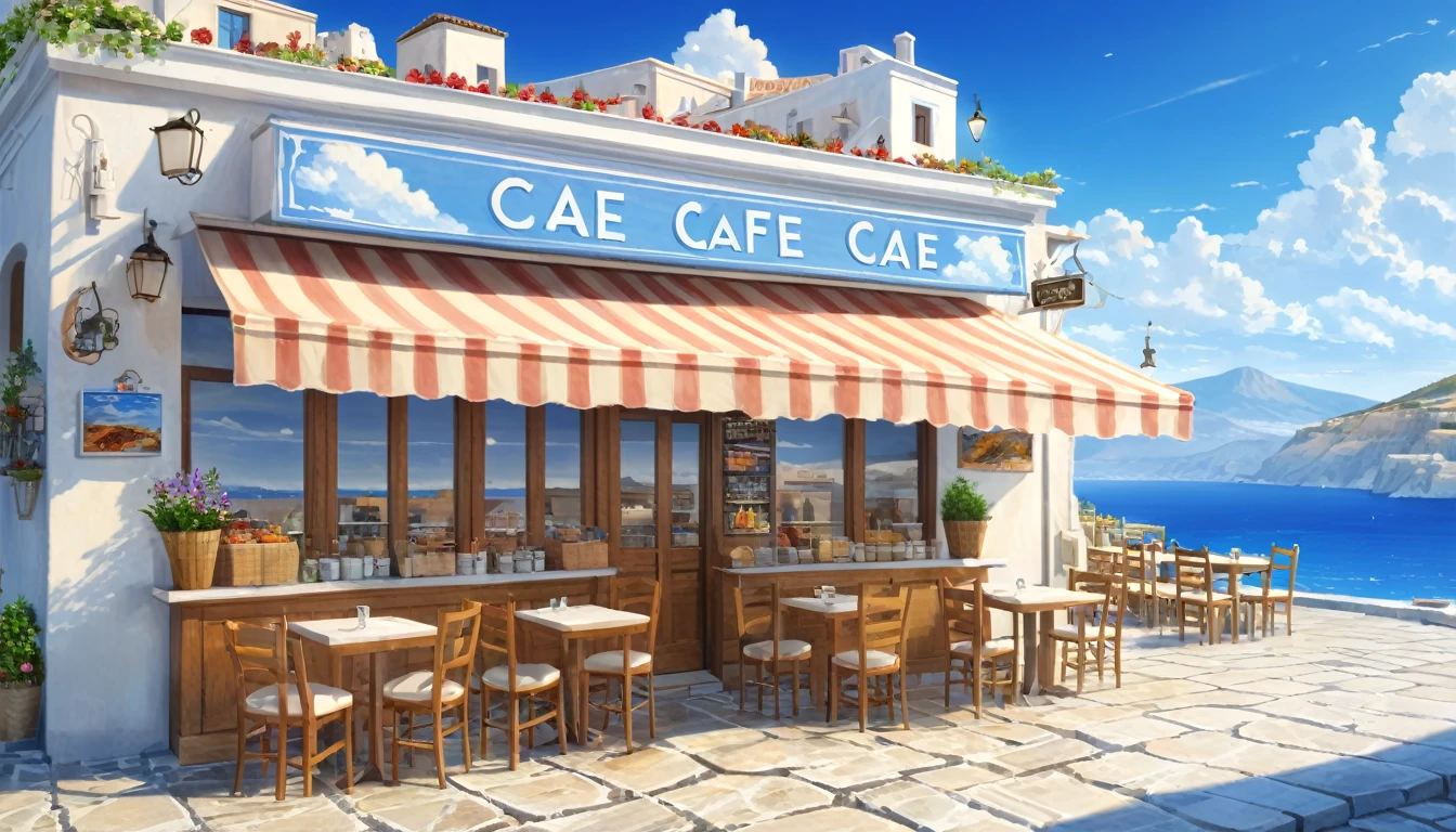masterpiece, Highest quality, Super detailed, Seaside cafe, scenery, over the counter, Greece, cloud, Outdoor, null, street,building, Realistic