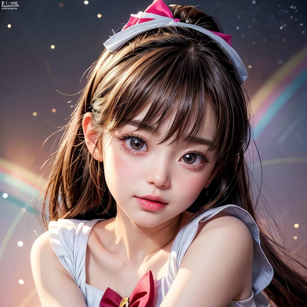 NSFW, 8k, High-level, absurd, masterpiece, best quality, primitive, very detailed CG, very detailed wallpaper, perfect lighting, Extremely detailed (((The personifying " Sailor chibi Moon " as a Little Girl))), MysticSight, Tyndall effect, Tyndall scattering, Studio gray background with (many Dazzling RainbowColor particles BokeH:1.28), (RoundlyButts, ThighGap), (Exposed:0.4), (Assfocus with looking ahead), BREAK (NOGIZAKA face variations) Extremely Detailed very KAWAII face variations, perfect anatomy, Childish, captivating gaze, elaborate detailed Eyes with (sparkling highlights:1.28), long eyelashes、Glossy RED Lips with beautiful details, Coquettish tongue, Rosy cheeks, Radiant PearlSkin with clear transparency . { (Dynamic LifeLike expressions:1.4) | :d) }, (large eyes:-1) .